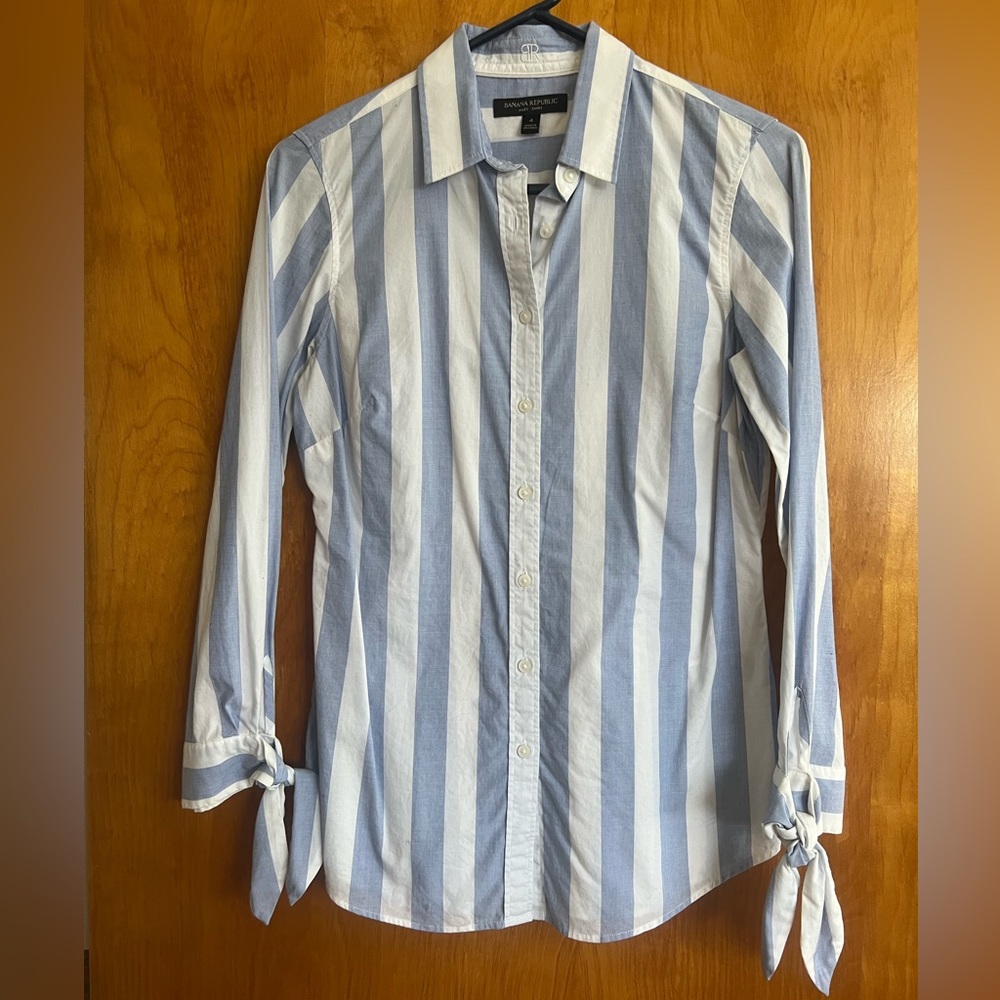 Banana Republic striped button down with ties at the wrists